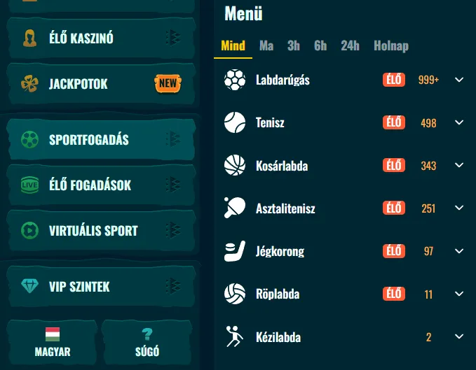 Sportfogadási menü élő fogadási választással
