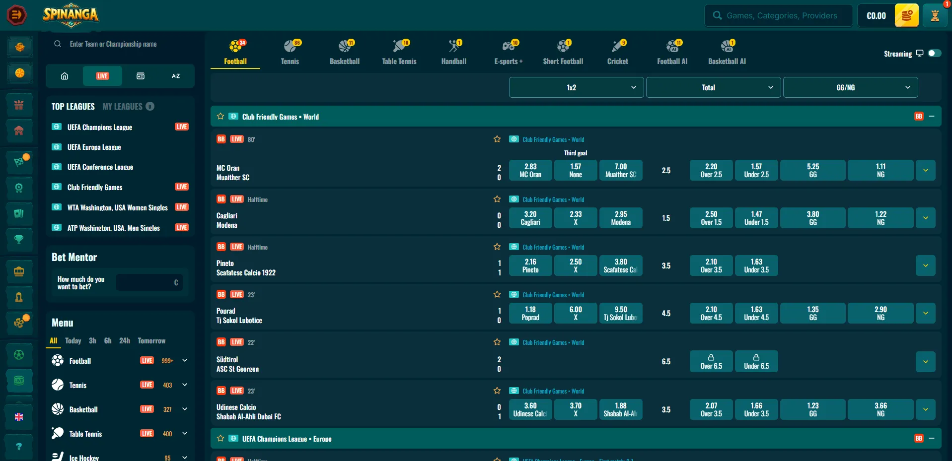 Spinanga Virtual Sports betting navigation
