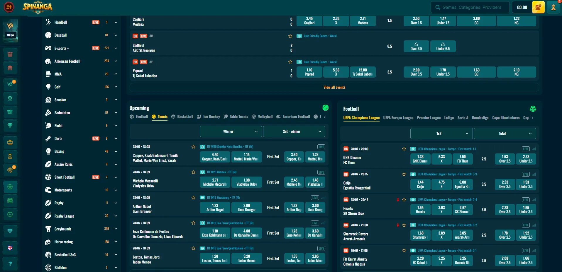 Spinanga sports betting and live betting