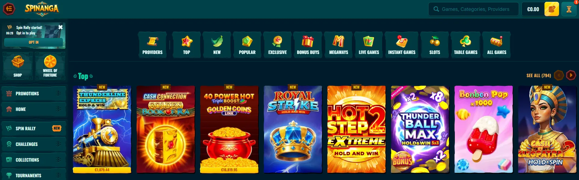 Spinanga casino lobby with games and categories
