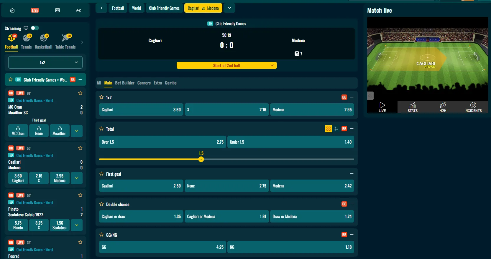 Spinanga Live Betting sports interface