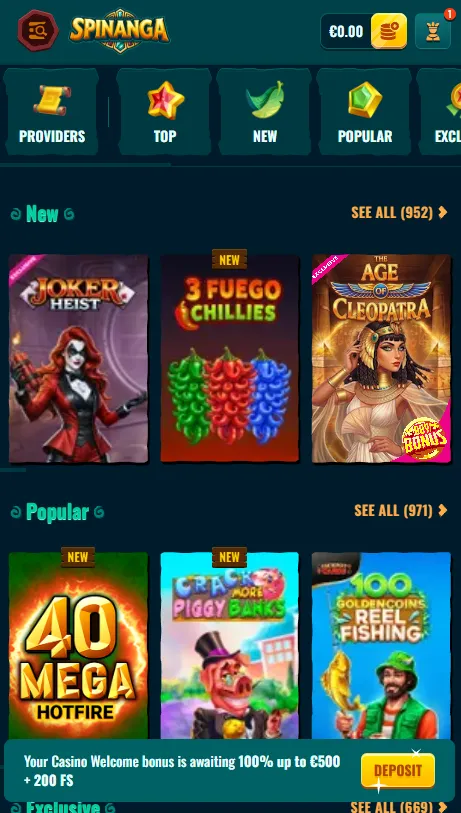 Spinanga casino on a mobile browser