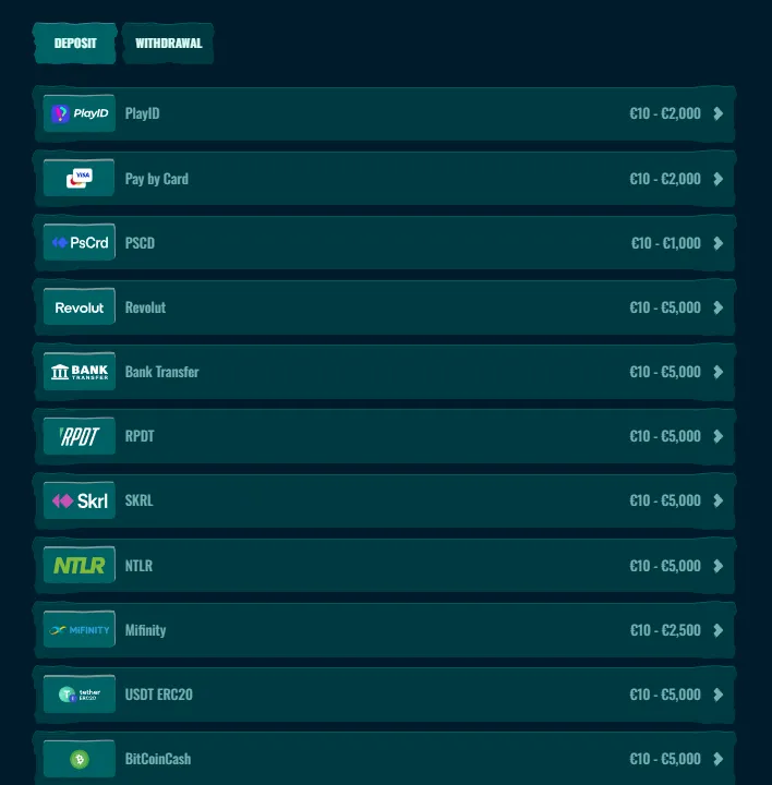 Spinanga payments and withdrawals