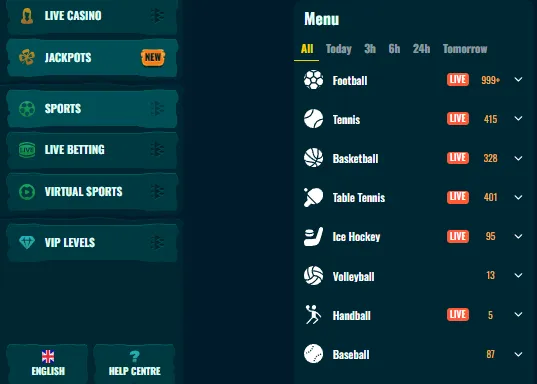 Spinanga Sports and Live Betting navigation
