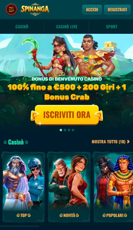 Schermata iniziale del sito mobile Spinanga