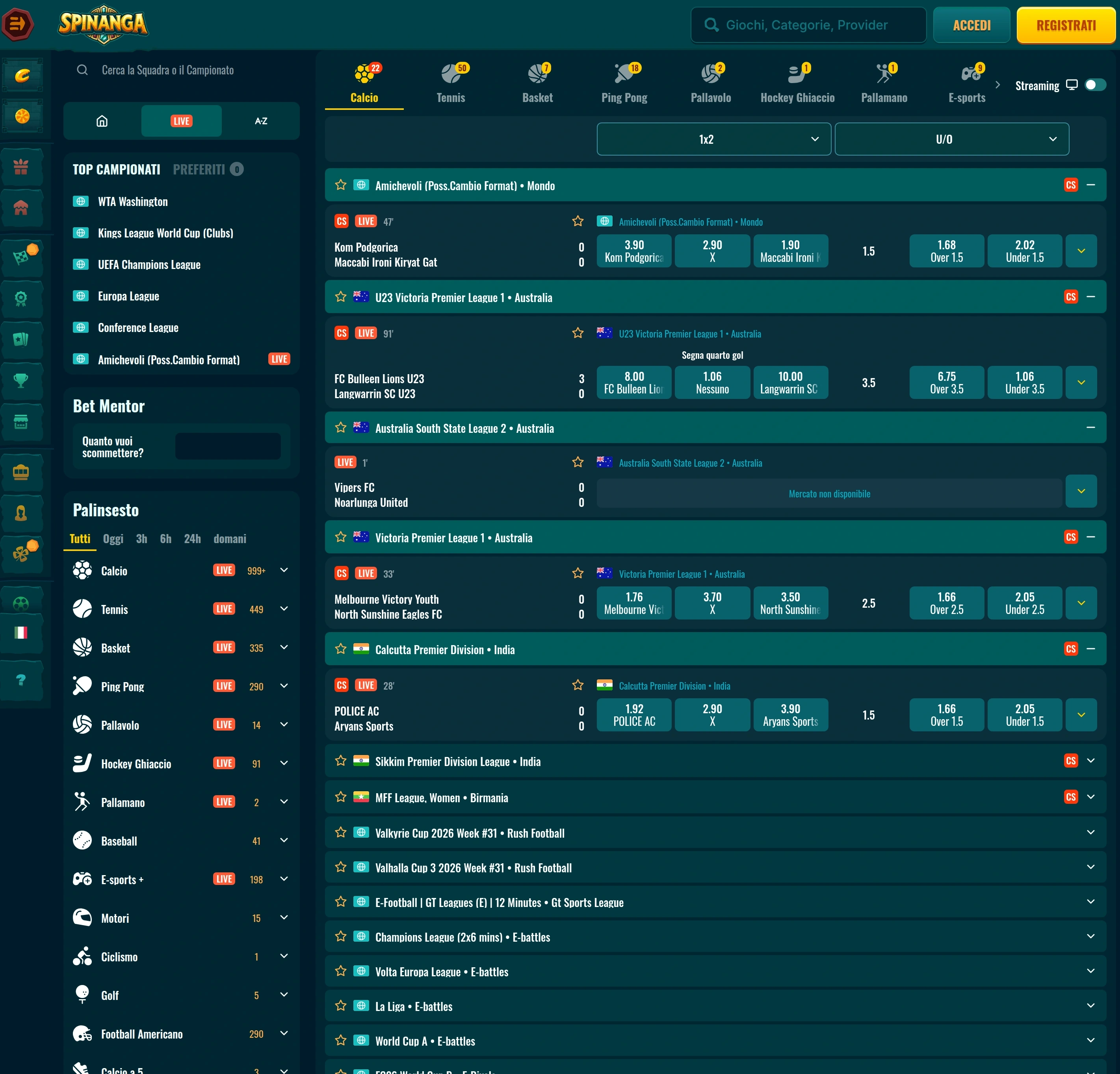 Quote e scommesse live Spinanga