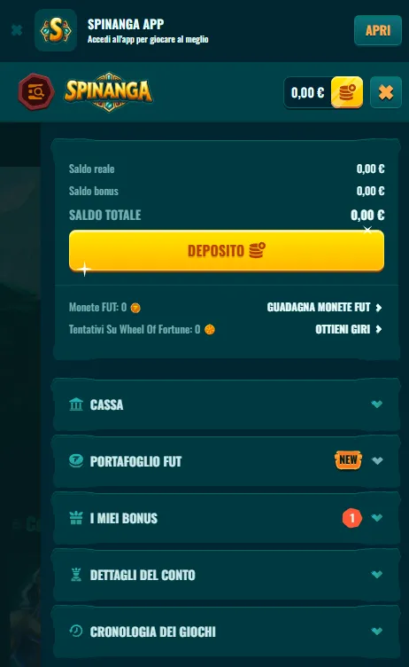 Funzioni account sul sito mobile Spinanga
