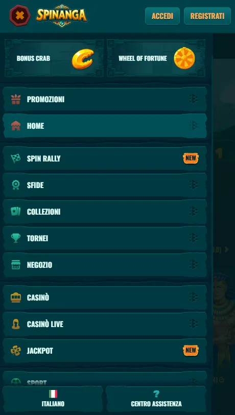 Sezioni casino e sport del sito mobile