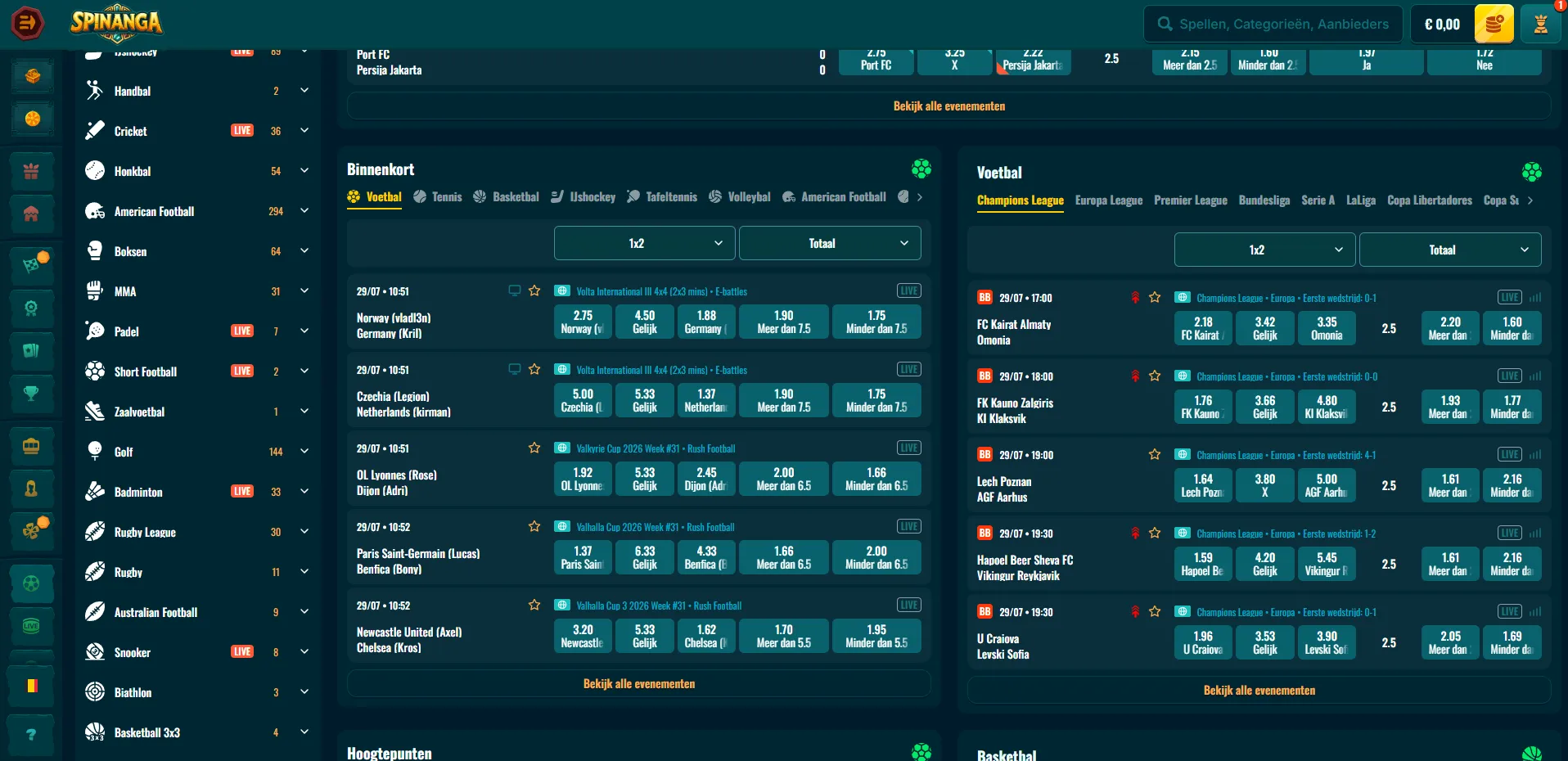 Overzicht van Spinanga sports betting