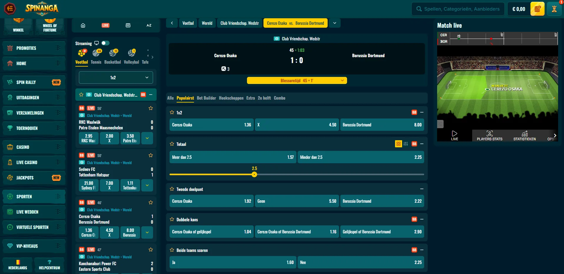 Live betting bij Spinanga sportsbook