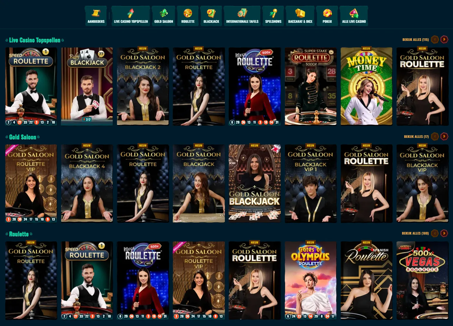 Live casinocategorieën met roulette, blackjack en spelshows