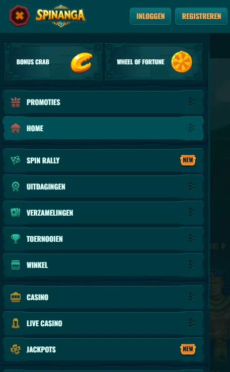 Spinanga navigatie voor mobiel casino en sport