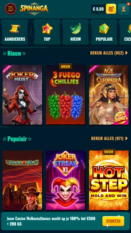 Spinanga-casino via mobiele browser gebruiken