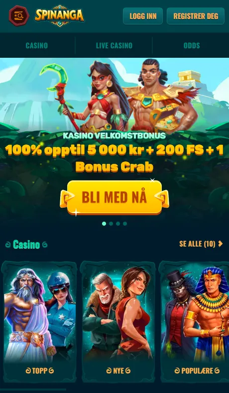 Mobilnettleser med snarveier til Spinangas innhold og funksjoner