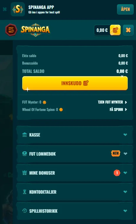 Spinanga mobilside med casino, sport og konto