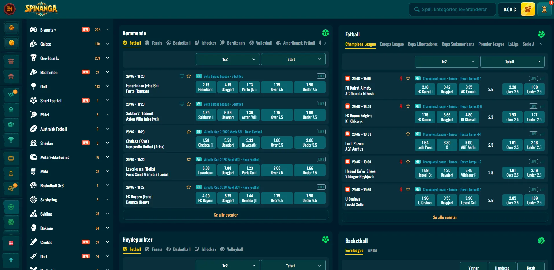 Illustrasjon av Spinangas sportsbetting og kampoversikt