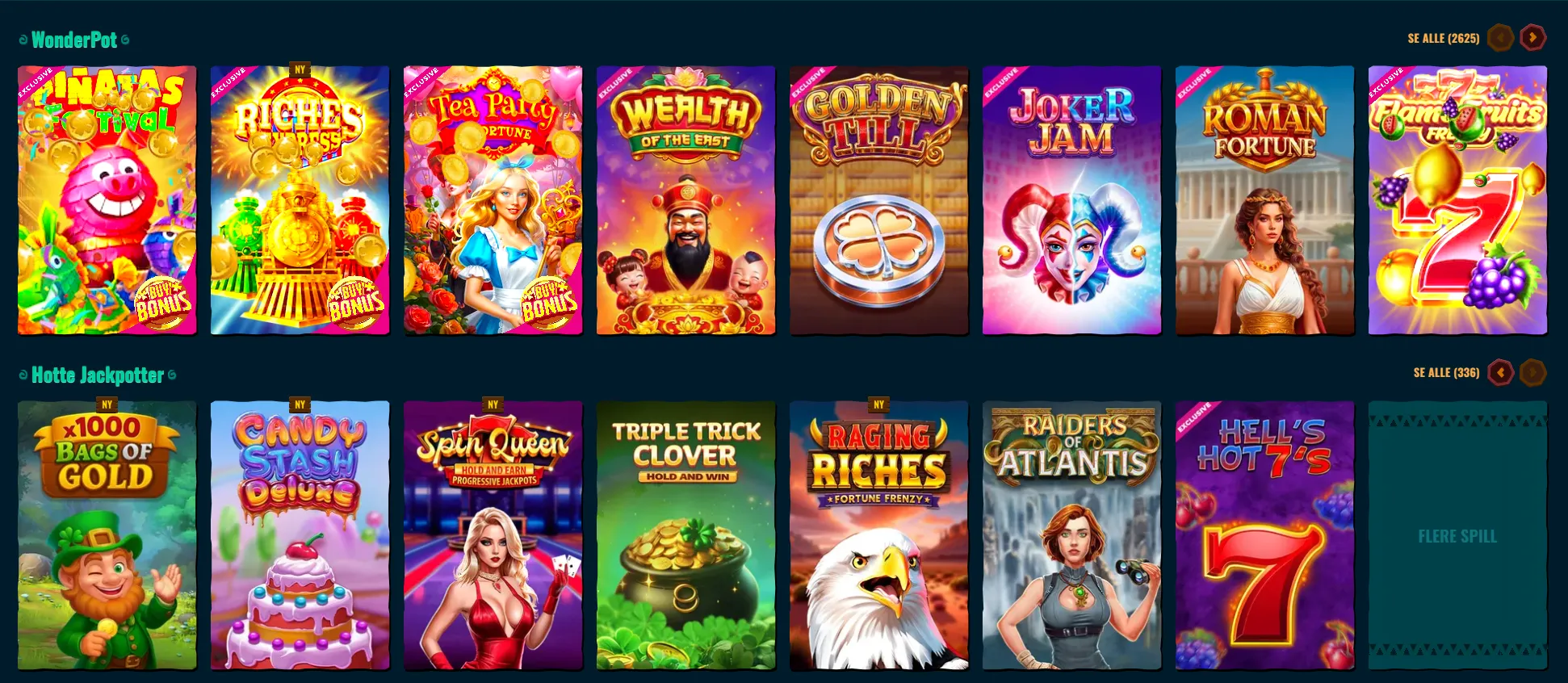 Utvalg av spillkategorier hos Spinanga casino