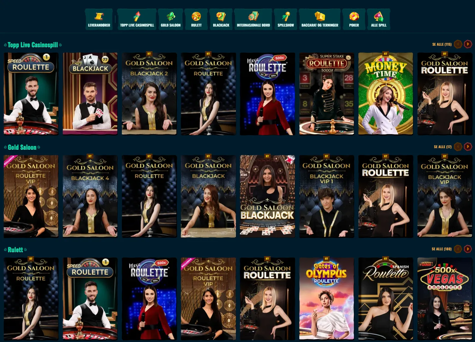 Live casino med bordspill og game shows