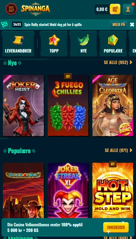 Spinanga casino i mobilnettleseren