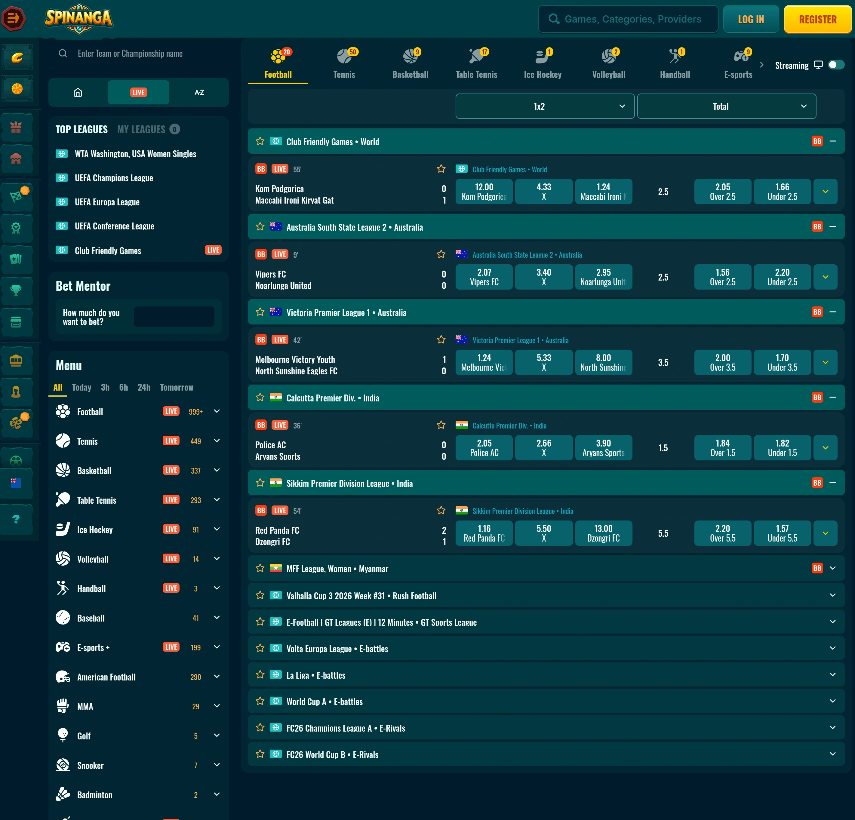 Spinanga virtual sports betting section