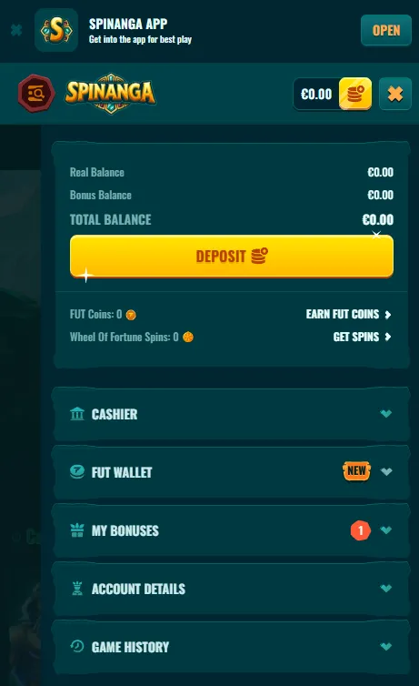 Spinanga mobile site account and game categories
