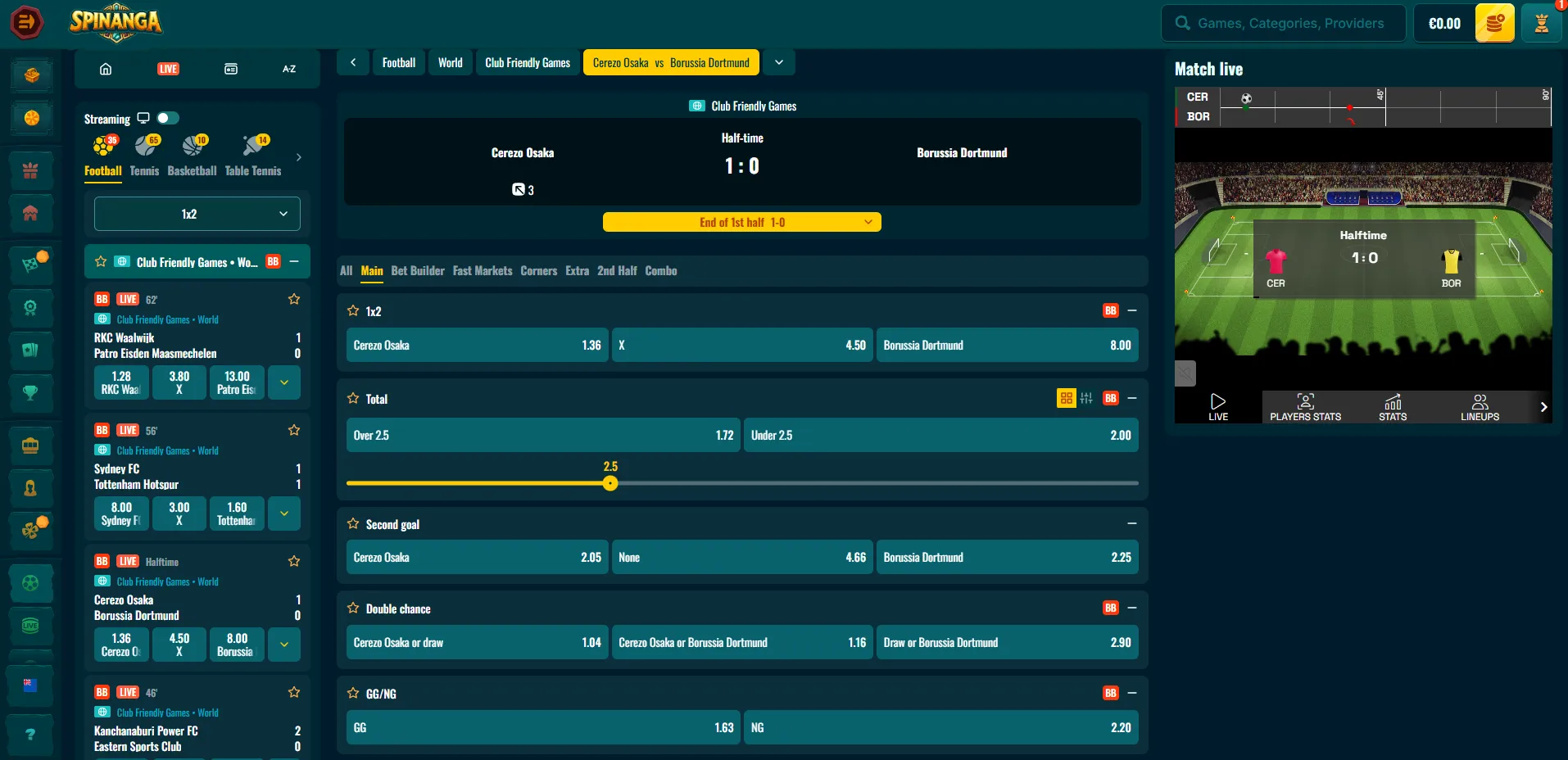 Spinanga live betting information