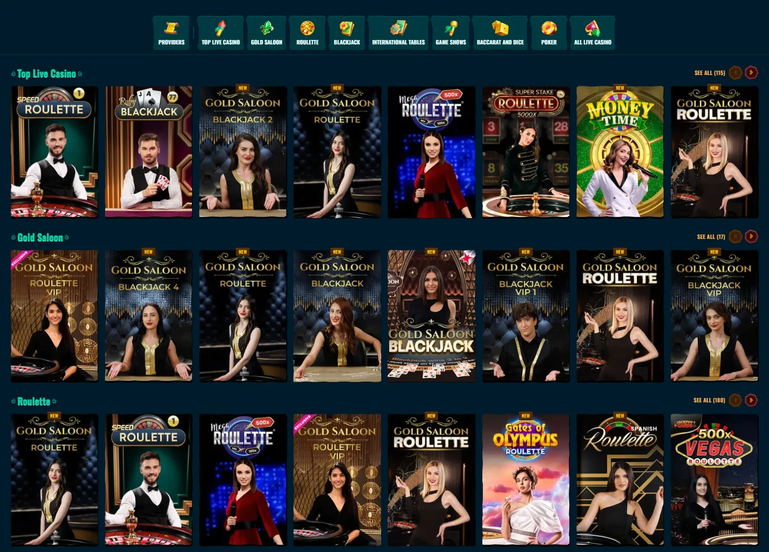 Spinanga live casino tables and game show categories