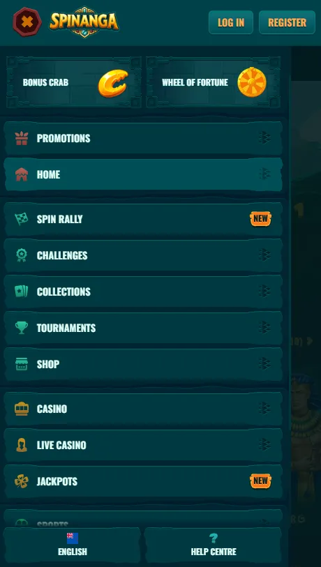Spinanga mobile casino and sportsbook navigation