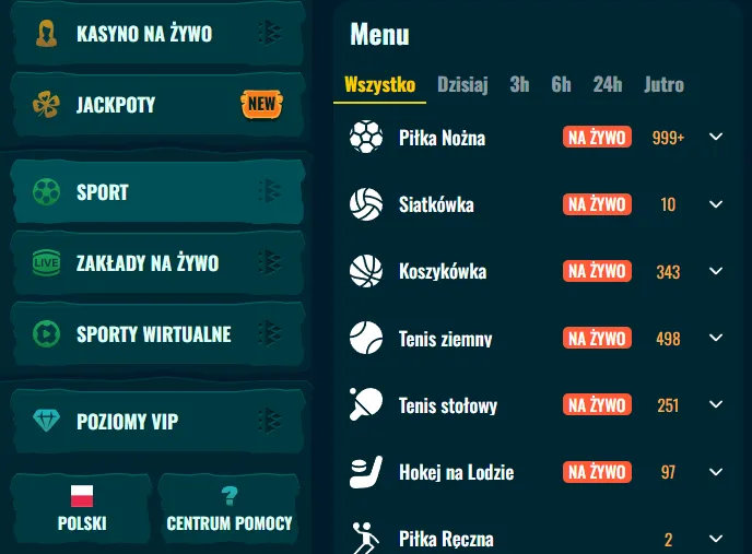 Menu zakładów sportowych Spinanga