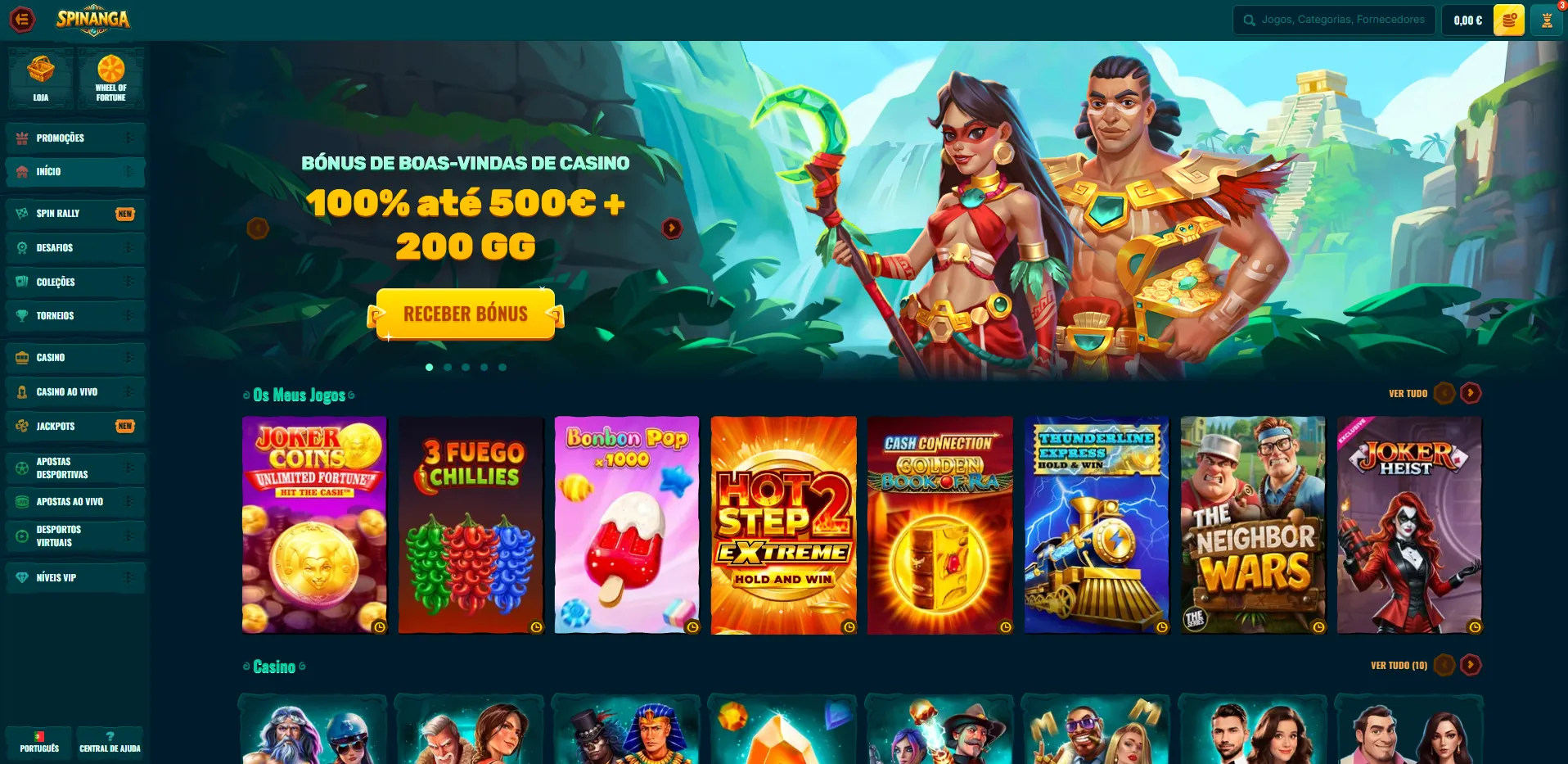 Página do casino Spinanga com categorias de jogos