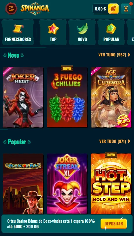 Casino Spinanga no navegador móvel