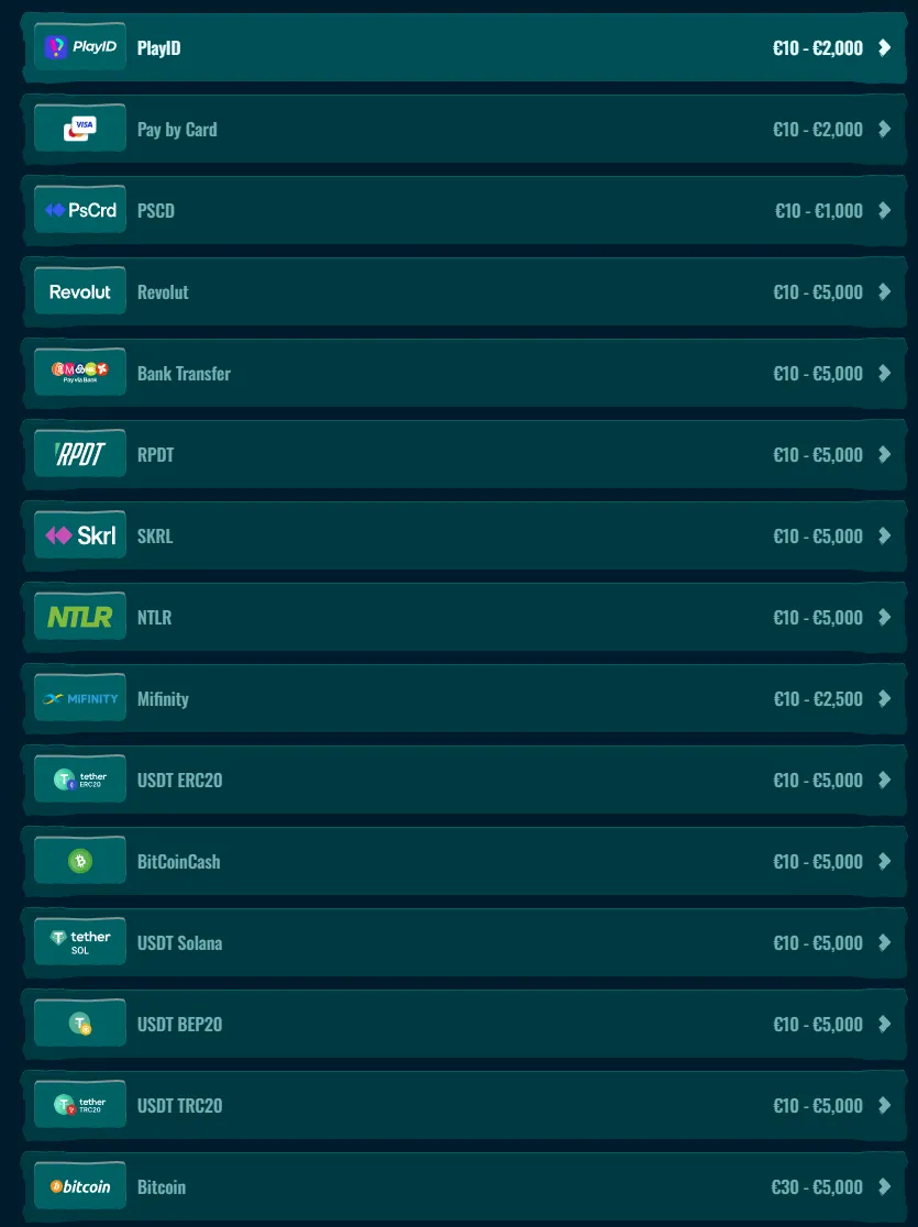 Pagamentos Spinanga disponíveis