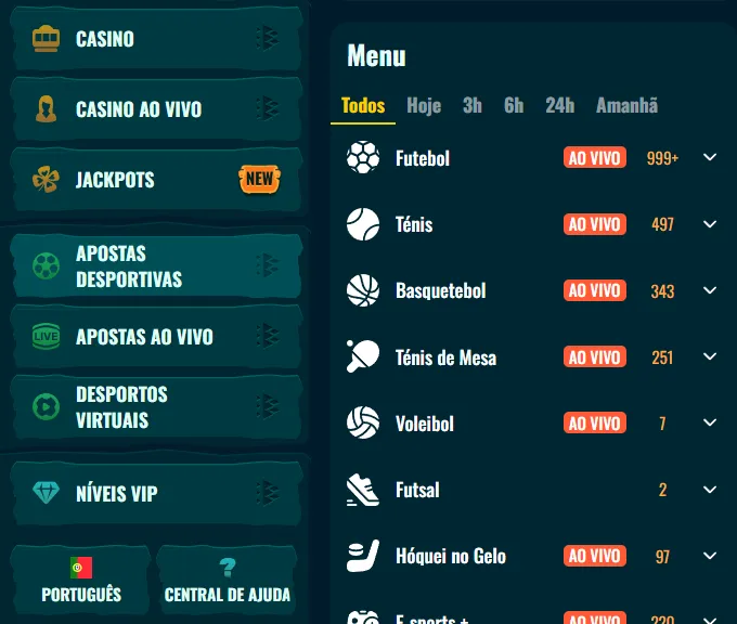 Menu de apostas desportivas Spinanga