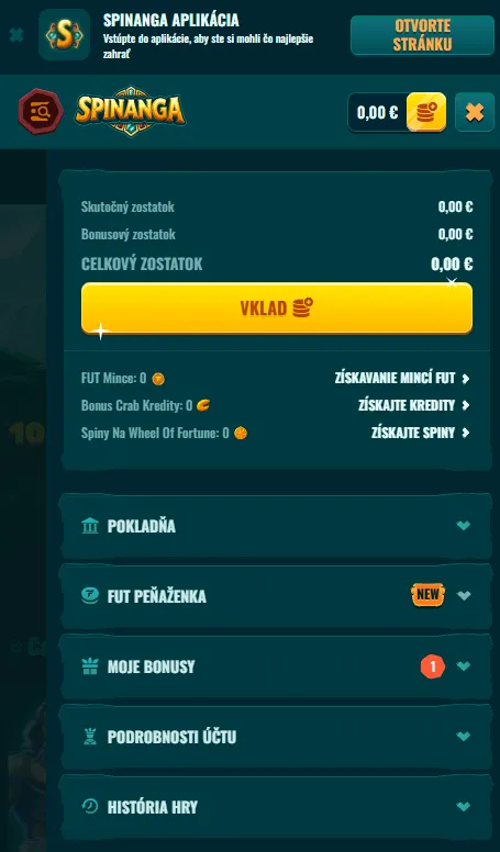 Prehľad funkcií mobilného webu Spinanga
