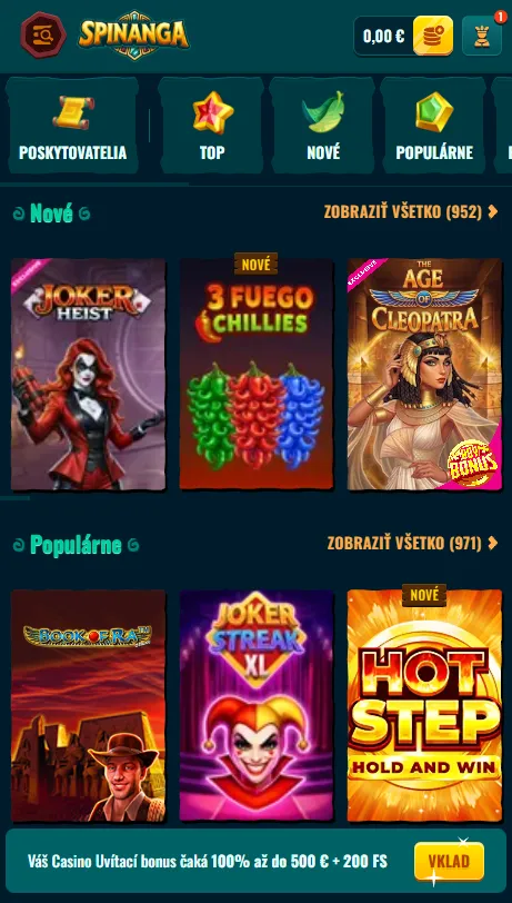 Kasíno Spinanga v mobilnom prehliadači