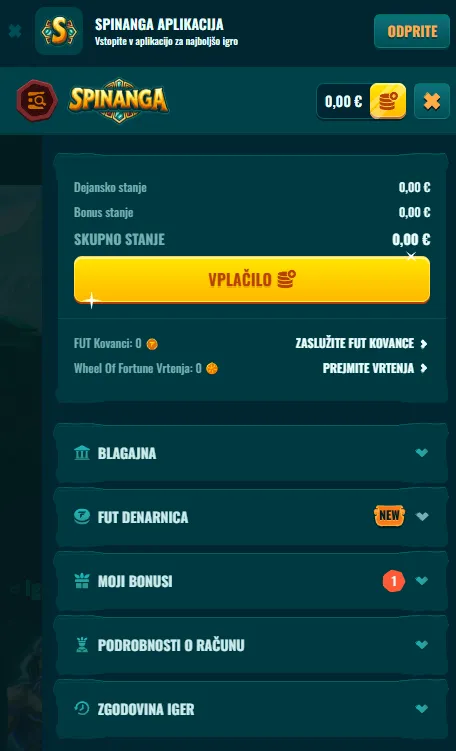 Mobilni pregled funkcij spletnega mesta Spinanga