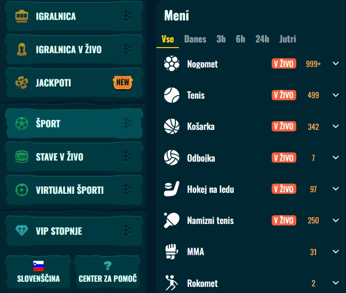 Navigacija med športnimi stavami in stavami v živo